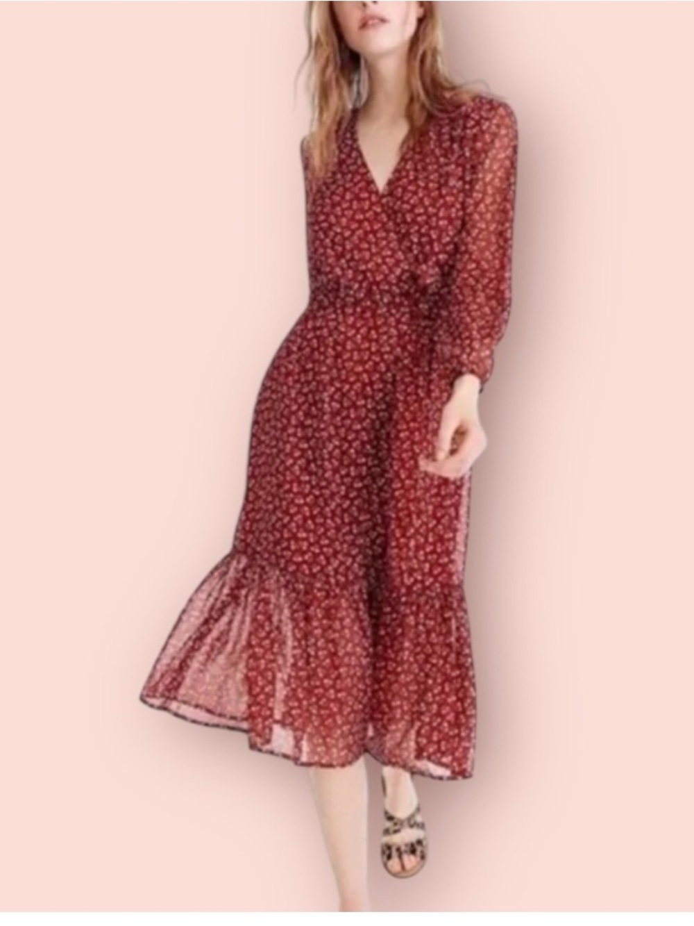J. Crew Terracotta Floral Wrap Midi Dress